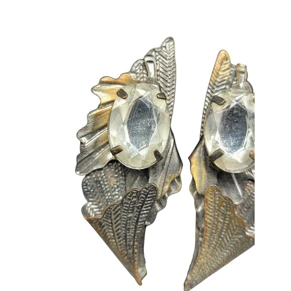 Winged Large Rhinestone Clip On Earrings Artisan Steampunk Gold-Brown Vintage - Picture 6 of 8